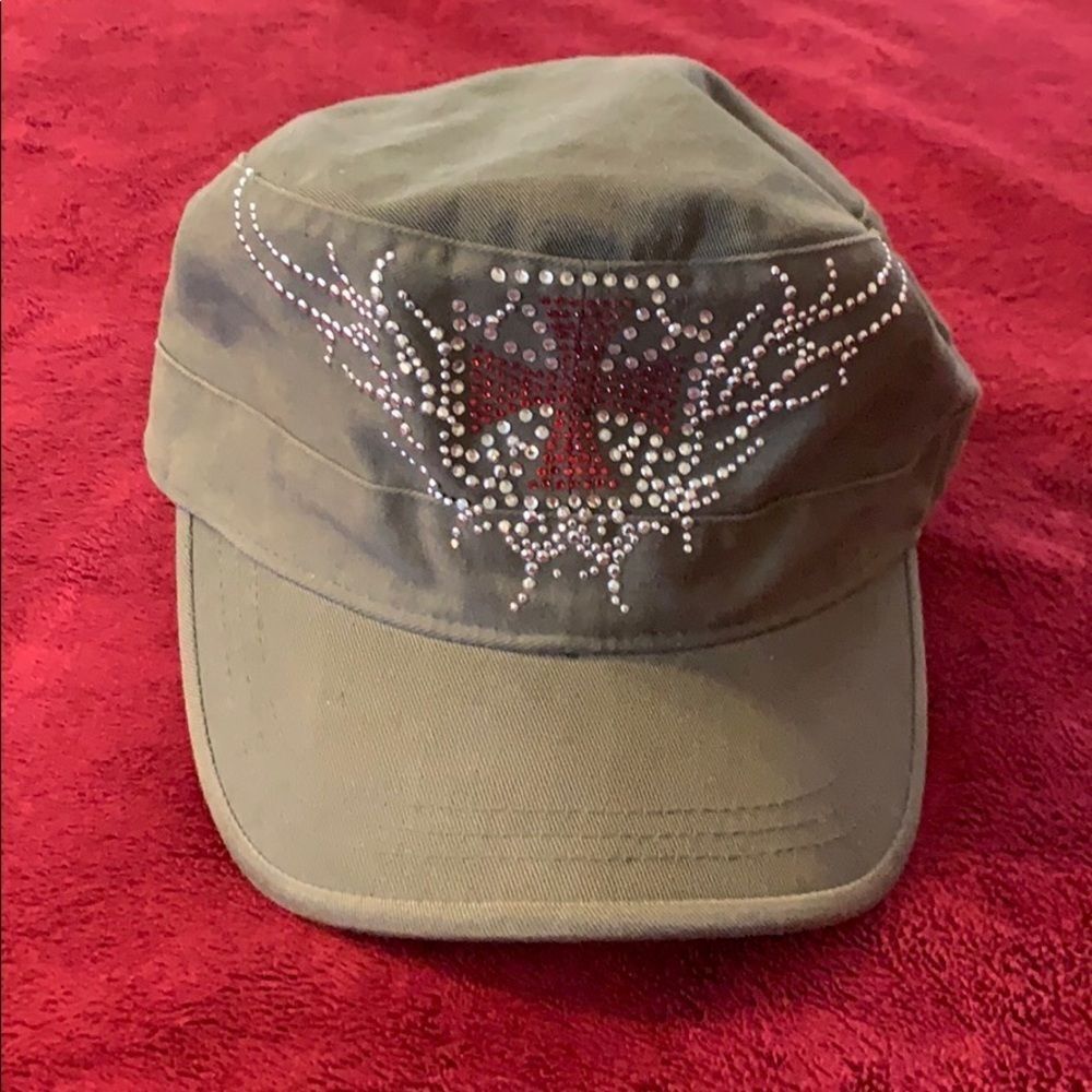 Decky EUC Army Green Rhinestone Cross Wings Cadet Military Cap One Size Fits All